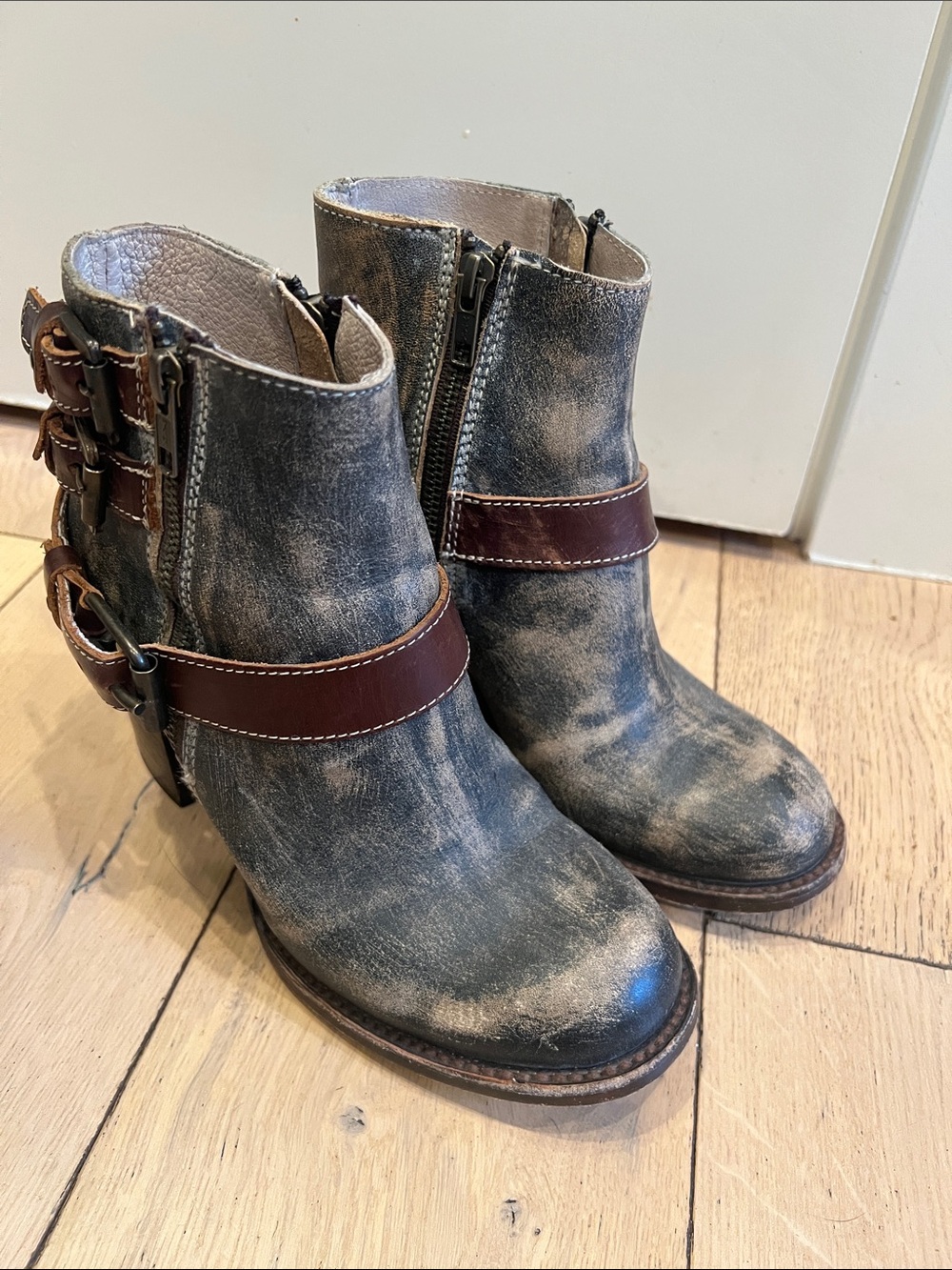 Freebird by Steven Distressed Gray Leather Ankle Boots with Brown Strap